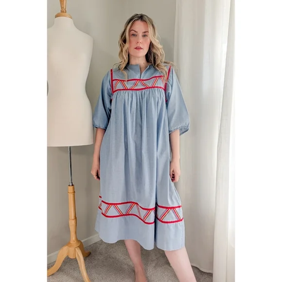 70s Blue Krist Gudnason for Rainbow Trim Cotton 1970s Vintage Midi Shift Dress - Picture 15 of 15